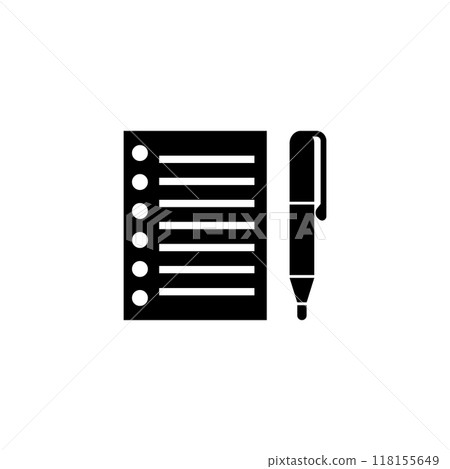 Black and white vector icon of a notepad and pen, symbolizing writing and note-taking 118155649