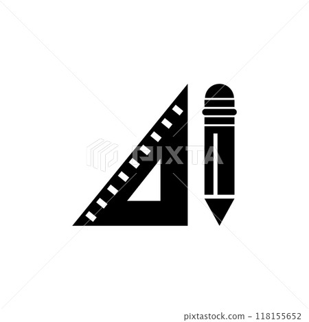 Black vector icon featuring a ruler and pencil, symbolizing design and drafting Black vector icon featuring a ruler and pencil, symbolizing design and drafting 118155652