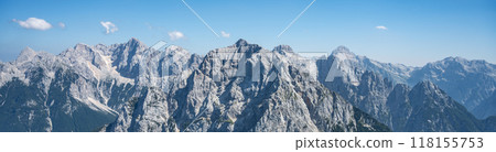 The breathtaking peaks of Skrlatica, Prisank, Razor, and Triglav Mountains rise high in the clear blue sky, showcasing rugged terrain and snow-dusted summits in the splendid Julian Alps. The breathtaking peaks of Skrlatica, Prisank, Razor, and Triglav Mountains rise high in the clear blue sky, showcasing rugged terrain and snow-dusted summits in the splendid Julian Alps. 118155753