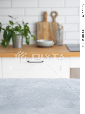 Wooden blue tabletop with free space for product montage or mockup 118155879