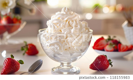 Fresh Whipped Cream in a Transparent Glass Bowl with Strawberries in a Sunny Kitchen Engaging Scene Perfect for Spring and Summer Recipes Design 118155983