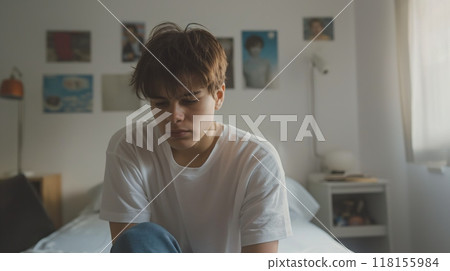 Thoughtful Greek Teenage Boy in Casual White TShirt Sitting in Bedroom, Evoking Introspection and Melancholy 118155984