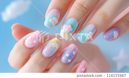 Elegant Pastel Cloud Design Nail Art for a Dreamy Look Perfect for Manicures, Fashion, and Beauty Inspiration 118155987