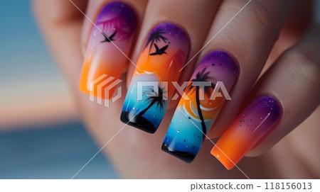 Gradient Sunset Nail Art with Palm Trees and Birds Design for Nail Salon and Beauty Promotions Gradient Sunset Nail Art with Palm Trees and Birds Design for Nail Salon and Beauty Promotions 118156013