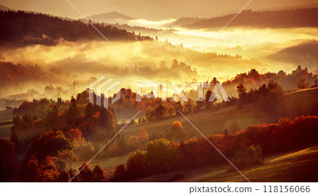 Morning mountain landscape, autumn seasonal background, amazing sunrise 118156066