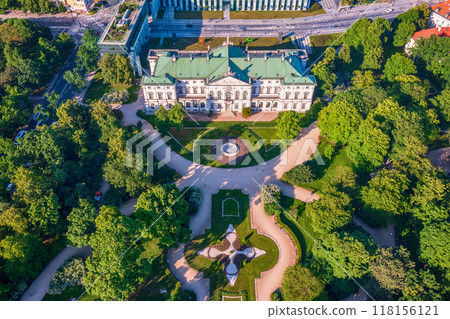 Krasinski Palace and National Library in Warsaw, Poland, view from above with green park 118156121