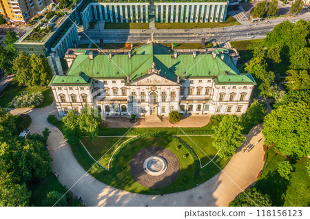 Krasinski Palace and National Library in Warsaw, Poland, view from above with green park Krasinski Palace and National Library in Warsaw, Poland, view from above with green park 118156123