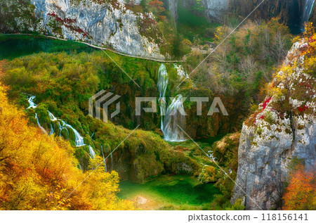 Autumn colors and waterfalls of Plitvice National Park in Croatia, seasonal colorful background 118156141