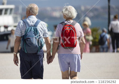 Senior tourist couple walking holding hands rear view 118156292