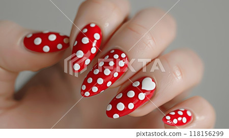 Bright Red and White Polka Dot Nail Art Design for Manicure Inspiration and Fashion Trends 118156299