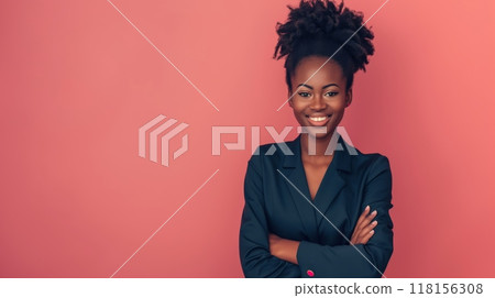 Confident African American Businesswoman in Blazer, Studio Portrait for Professional Use and Corporate Design 118156308
