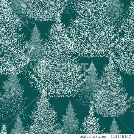 Christmas. Winter background. Winter Forest background. Pine, spruce, christmas tree. Snowy graphic trees seamless pattern panorama view. hand drawing. Not AI, Vector illustrations. 118156367