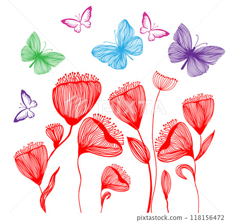 Line red flowers with butterflies. hand drawing. Not AI, Vector illustration 118156472