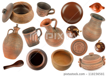 Various clay dishes from different angles isolated on white 118156581