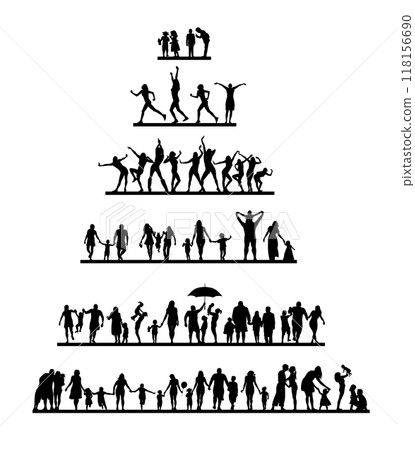 Family parents and kids outdoor activities in park silhouettes set collection. People seniors adults teens kids having fun playing together outside silhouette. hand drawn. Not AI, Vector illustration 118156690