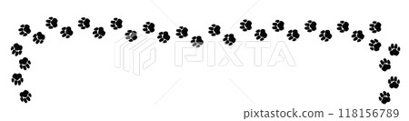 A path of paw prints of pets, dog or cat. Isolated illustration drawn in charcoal or pencil on white background. Vector illustration. A path of paw prints of pets, dog or cat. Isolated illustration drawn in charcoal or pencil on white background. Vector illustration. 118156789