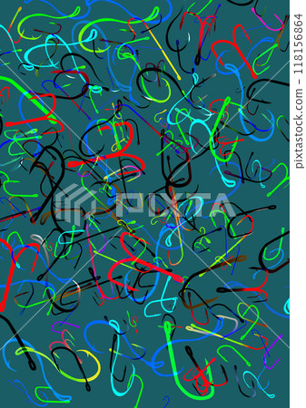 Many fishing hook on a turquoise background. Abstract illustration. Colorful and varied fishing hooks in abundance. 118156864