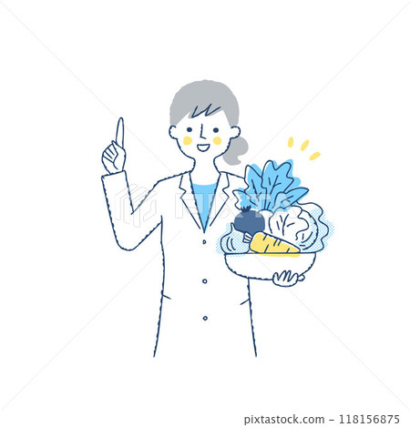 一位女性營養師拿著蔬菜解釋 一位女性營養師拿著蔬菜解釋 118156875