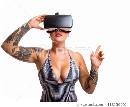 Woman in Swimwear Using VR Glasses on White Background with Copy Space 118156901