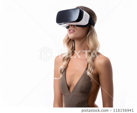 Woman in Swimwear Using VR Glasses on White Background with Copy Space 118156941