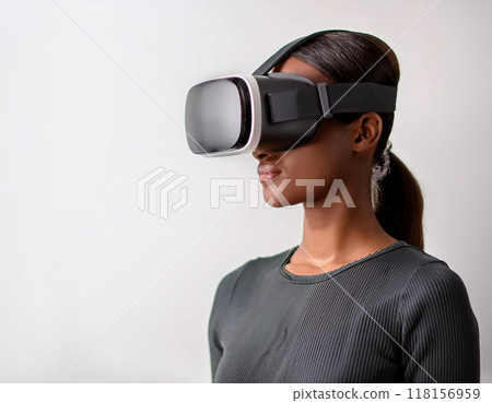 Portrait of a Woman Using VR Glasses Headshot Isolated on White Background with Copy Space 118156959