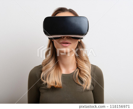 Portrait of a Woman Using VR Glasses Headshot Isolated on White Background with Copy Space 118156971