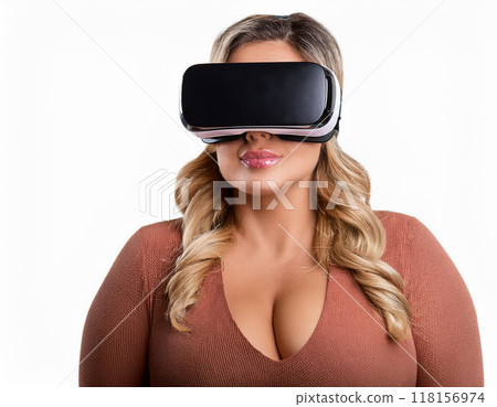 Portrait of a Woman Using VR Glasses Headshot Isolated on White Background with Copy Space 118156974