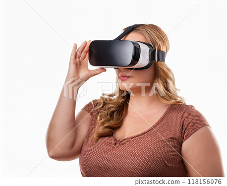 Portrait of a Woman Using VR Glasses Headshot Isolated on White Background with Copy Space 118156976