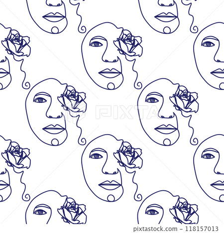 Outline woman face, abstract flowers leaves, line continuous drawing vector seamless pattern 118157013