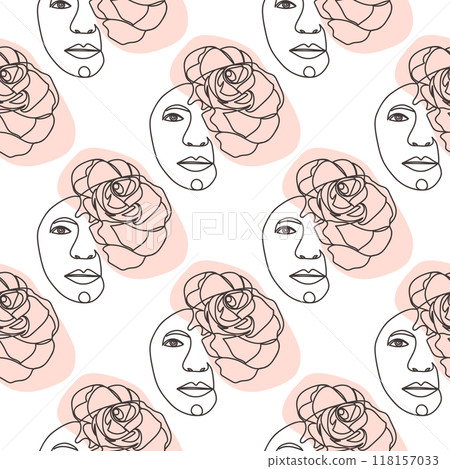 Outline woman face, abstract flowers leaves, line continuous drawing vector seamless pattern Outline woman face, abstract flowers leaves, line continuous drawing vector seamless pattern 118157033