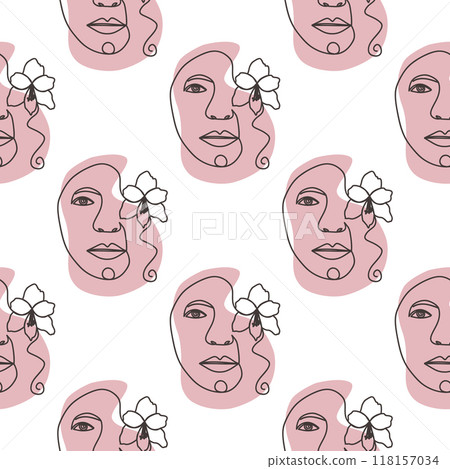 Outline woman face, abstract flowers leaves, line continuous drawing vector seamless pattern 118157034