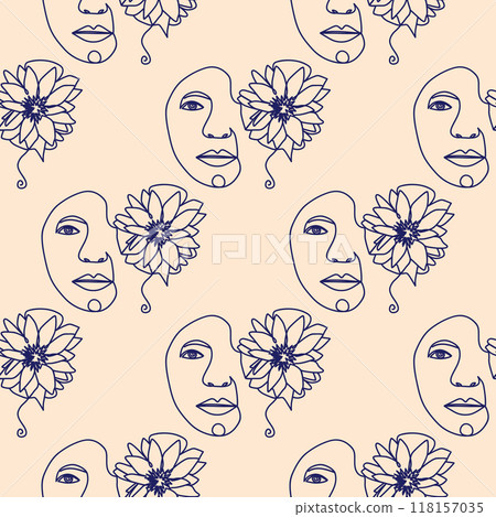 Outline woman face, abstract flowers leaves, line continuous drawing vector seamless pattern 118157035