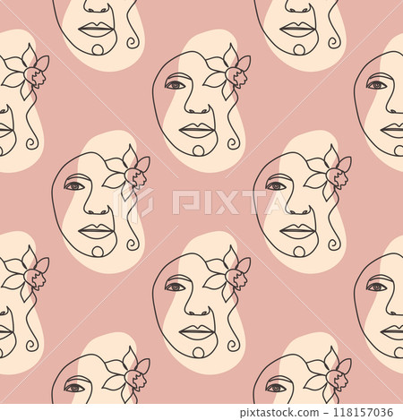 Outline woman face, abstract flowers leaves, line continuous drawing vector seamless pattern 118157036