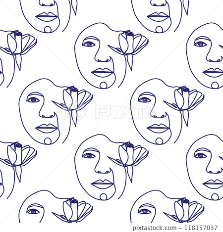 Outline woman face, abstract flowers leaves, line continuous drawing vector seamless pattern Outline woman face, abstract flowers leaves, line continuous drawing vector seamless pattern 118157037