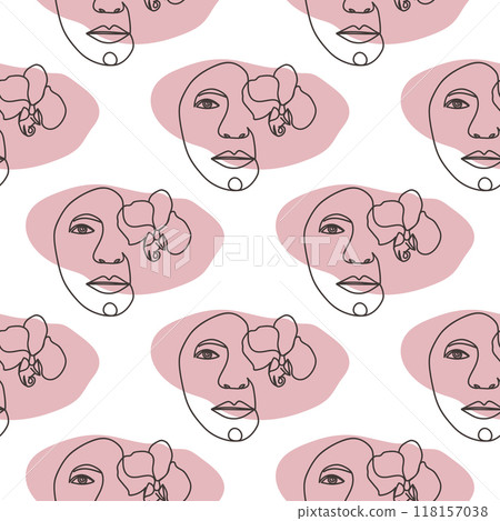 Outline woman face, abstract flowers leaves, line continuous drawing vector seamless pattern Outline woman face, abstract flowers leaves, line continuous drawing vector seamless pattern 118157038