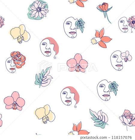 Woman face Continuous line seamless pattern. Abstract Female portrait with flowers. Drawing vector Wallpaper 118157076