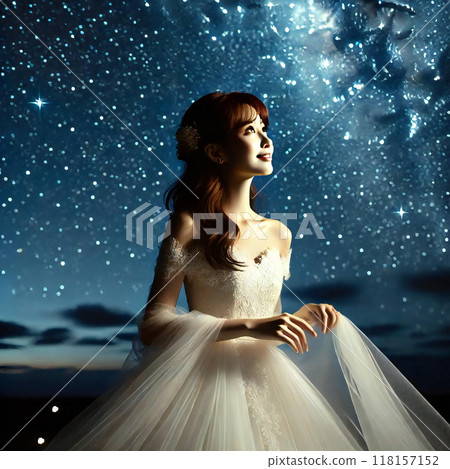我畫了一個穿著婚紗的女人，抬頭看著夜空中閃爍的星星。 118157152