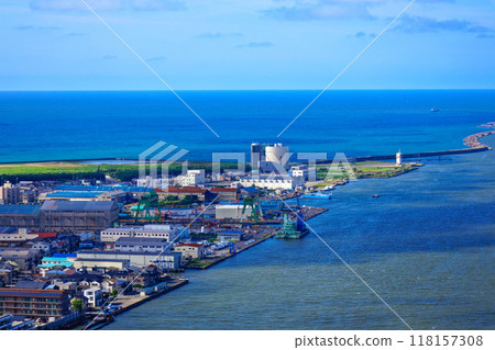 View of the Sea of Japan towards Sado Kisen and Irifune Minato Tower from the Befco Bakauke Observation Room at Toki Messe 118157308