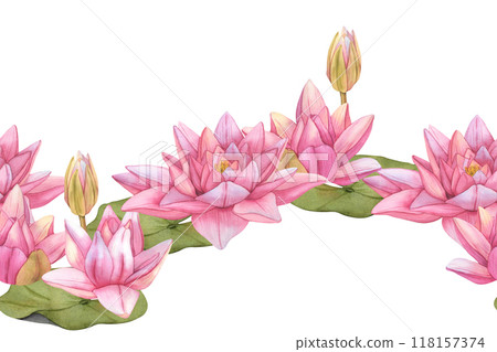 Hand drawn Watercolor Seamless Border with pink Lotus Flowers and leaves. Water Lily botanical Illustration on isolated background. Pink tropical Flowers for invitations, print and card design 118157374