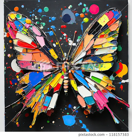 The butterfly is represented in an explosion of colors, with distinct brush strokes highlighting the wings’ symmetry and beauty against a dark backdrop, exemplifying creativity. 118157383