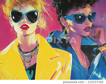 Two fashionable models showcase a striking retro style with colorful outfits and oversized sunglasses set against an eye-catching art background. The vibrant colors enhance their edgy look. Two fashionable models showcase a striking retro style with colorful outfits and oversized sunglasses set against an eye-catching art background. The vibrant colors enhance their edgy look. 118157385
