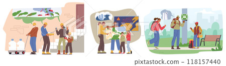 Cartoon Characters Displaying Disaster Prevention Activities Such As Water Storage, Emergency Planning, Checking Safety Cartoon Characters Displaying Disaster Prevention Activities Such As Water Storage, Emergency Planning, Checking Safety 118157440