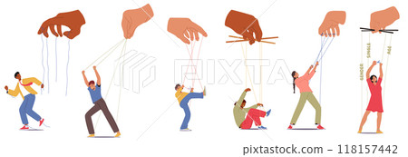 Cartoon Vector Illustration Of Characters Breaking Free From Puppet Strings. Image Depicts Liberation From Control Cartoon Vector Illustration Of Characters Breaking Free From Puppet Strings. Image Depicts Liberation From Control 118157442