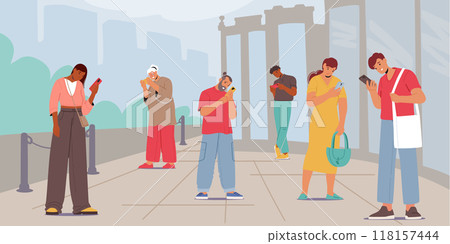 Cartoon Characters Looking At Phones In Public Place. Group Of Diverse People In Outdoor Setting Engaging With Devices 118157444