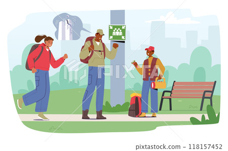 Cartoon Characters In A Park, Gearing Up For An Emergency With Backpacks And Equipment. Vector Image 118157452