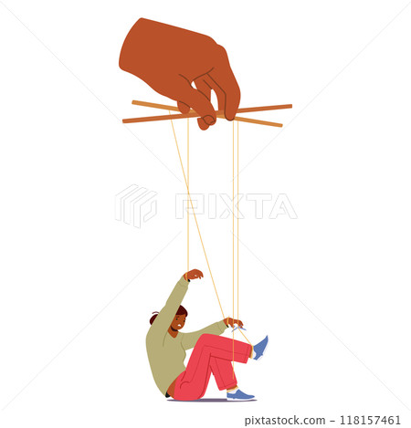 Cartoon Woman Being Controlled By A Hand Holding Strings, Depicting Manipulation And Lack Of Freedom Vector Illustration 118157461