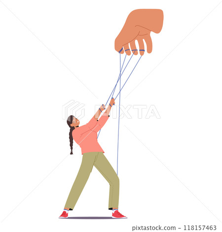 Cartoon Female Character Struggles Against A Giant Hand Controlling Her With Strings. Concept Of Freedom, Manipulation 118157463