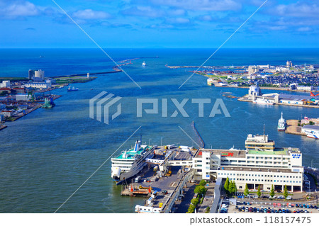 Toki Messe: View towards the Sado Kisen ferry pier from the Befco Bakauke Observation Deck Toki Messe: View towards the Sado Kisen ferry pier from the Befco Bakauke Observation Deck 118157475