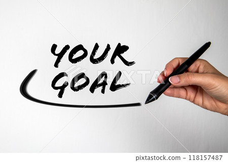Your Goal. Business woman hand writing on virtual screen Your Goal. Business woman hand writing on virtual screen 118157487
