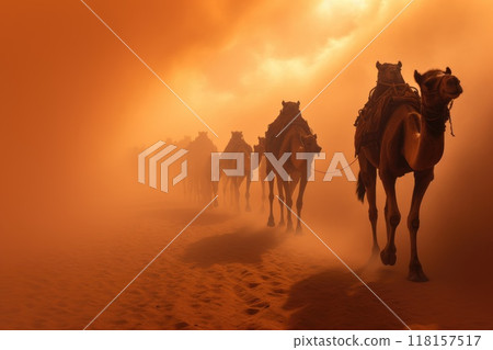 Expedition across the desert - majestic camel caravan with laden packs traversing vast stretches of arid sands, timeless depiction of nomadic life, trade routes under relentless sun 118157517